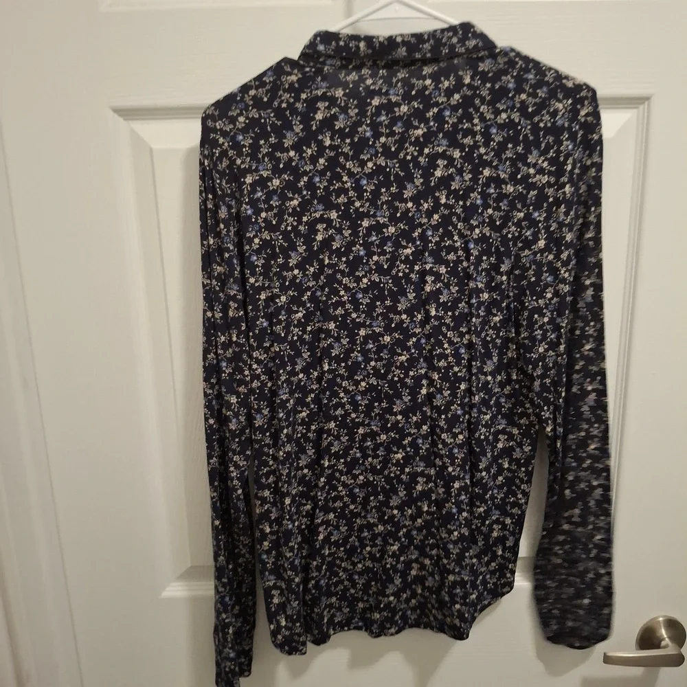 GapBody Womens S Tall‎ Navy Blue Floral Button Down Long Sleeve Pajama Top Shirt